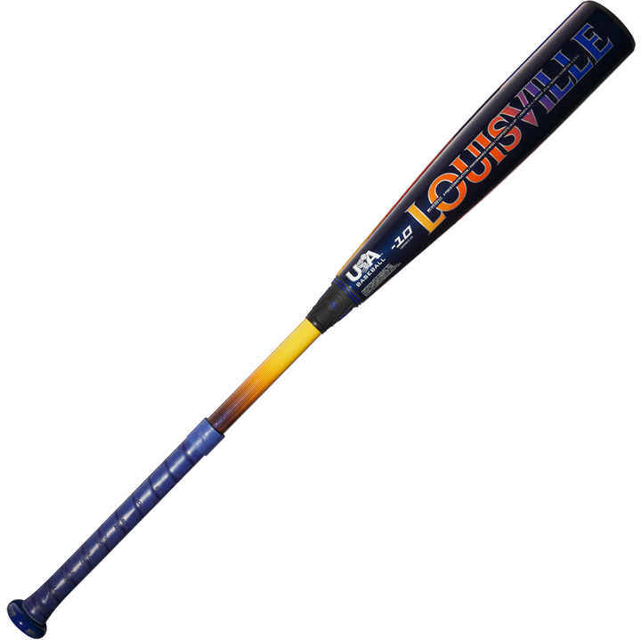 The 2025 Louisville Slugger Select PWR (-10) USA Baseball Bat (WBL4008010) is balanced with a blue grip, yellow-to-orange gradient handle, and a black alloy barrel displaying the colorful Louisville Slugger brand name.