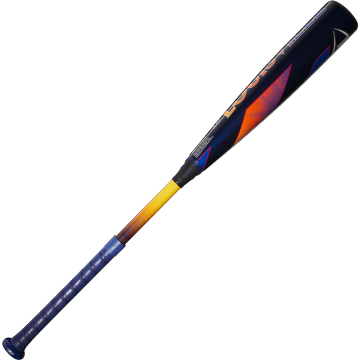 The 2025 Louisville Slugger Select PWR (-10) USA Baseball Bat by Louisville Slugger features a balanced design with a blue handle fading to yellow and a dark blue alloy barrel accented in vibrant orange and purple—ideal for aspiring sluggers.