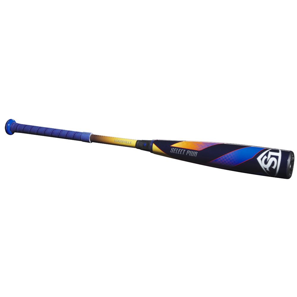 The 2025 Louisville Slugger Select PWR (-10) 2 5/8" USA Baseball Bat (WBL4008010) is a balanced youth bat with a blue grip, gold and black handle, and colorful alloy barrel featuring "Select PWR" and the Louisville Slugger logo.