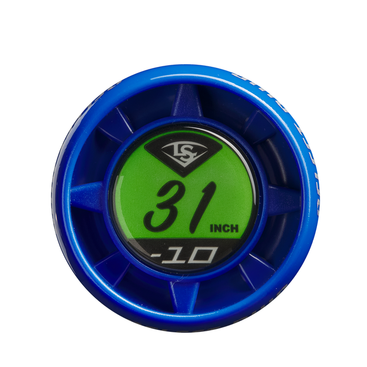 A close-up of the 2025 Louisville Slugger Select PWR (-10) 2 5/8" USA Baseball Bat shows a blue circular end cap with a green center, displaying “31 INCH” and “-10,” with the Louisville Slugger logo at the top.