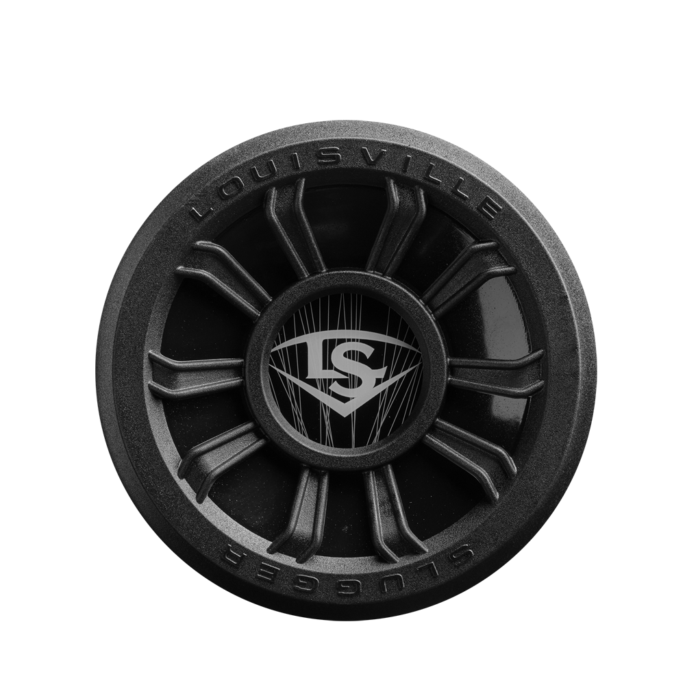 Black round weighted training puck featuring Louisville Slugger text around the edge and LS logo in the center, designed to match your 2025 Louisville Slugger Select PWR (-10) USA Baseball Bat—shown on a white background.