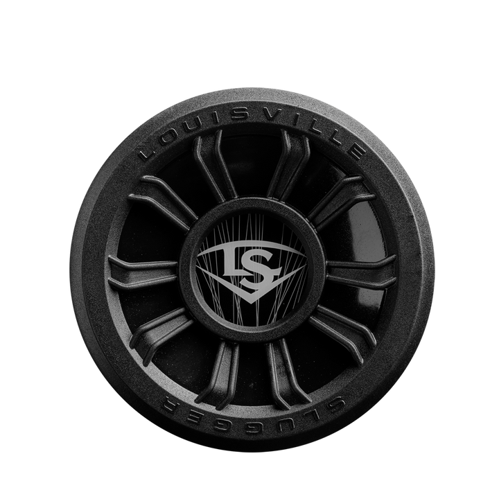 Black round weighted training puck featuring Louisville Slugger text around the edge and LS logo in the center, designed to match your 2025 Louisville Slugger Select PWR (-10) USA Baseball Bat—shown on a white background.