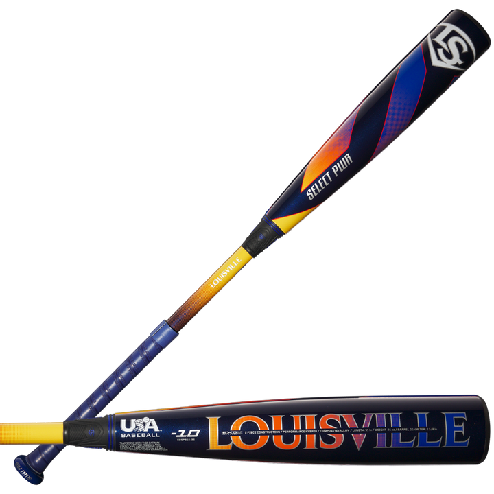 Two views of the 2025 Louisville Slugger Select PWR (-10) USA Baseball Bat feature a black, yellow, and orange gradient, bold LOUISVILLE lettering, USA Baseball logo, and an alloy barrel for power and balance.