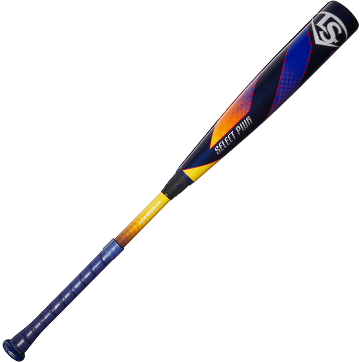 The 2025 Louisville Slugger Select PWR (-5) 2 5/8" USA Baseball Bat (WBL4010010) features a blue handle, yellow transition, black barrel with orange and purple geometric designs, and visible Select PWR and Louisville branding.