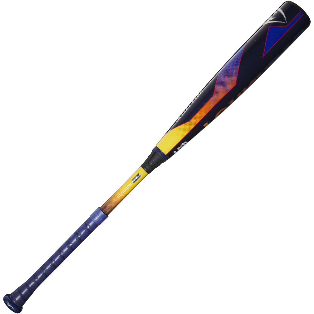 The 2025 Louisville Slugger Select PWR (-5) USA Baseball Bat (WBL4010010) features a blue grip, brown handle, black barrel with yellow/orange gradient accents and geometric patterns; USA Baseball certified.