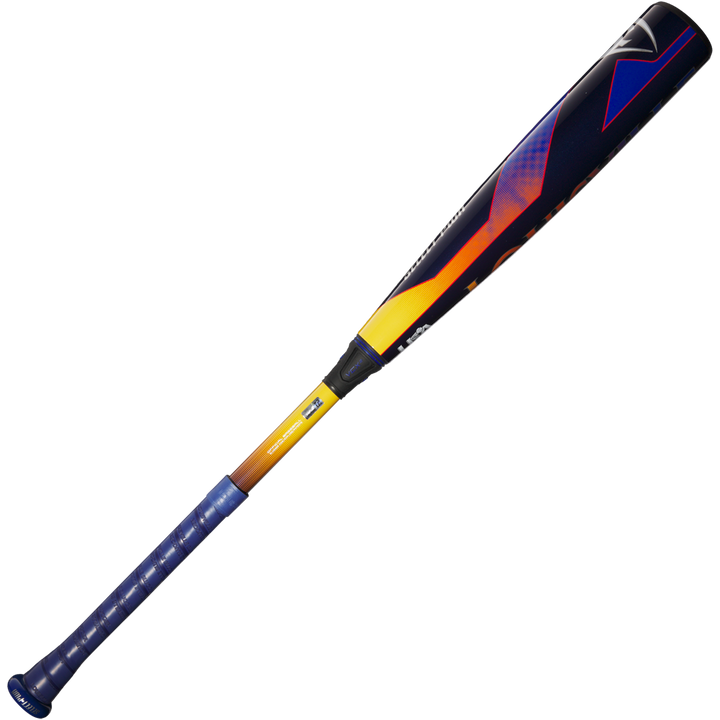 The 2025 Louisville Slugger Select PWR (-5) USA Baseball Bat (WBL4010010) features a blue grip, brown handle, black barrel with yellow/orange gradient accents and geometric patterns; USA Baseball certified.