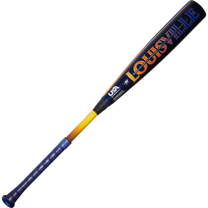 The 2025 Louisville Slugger Select PWR (-5) 2 5/8" USA Baseball Bat (WBL4010010) features a blue handle, yellow transition, and black barrel with the LOUISVILLE logo in bold orange and purple letters.