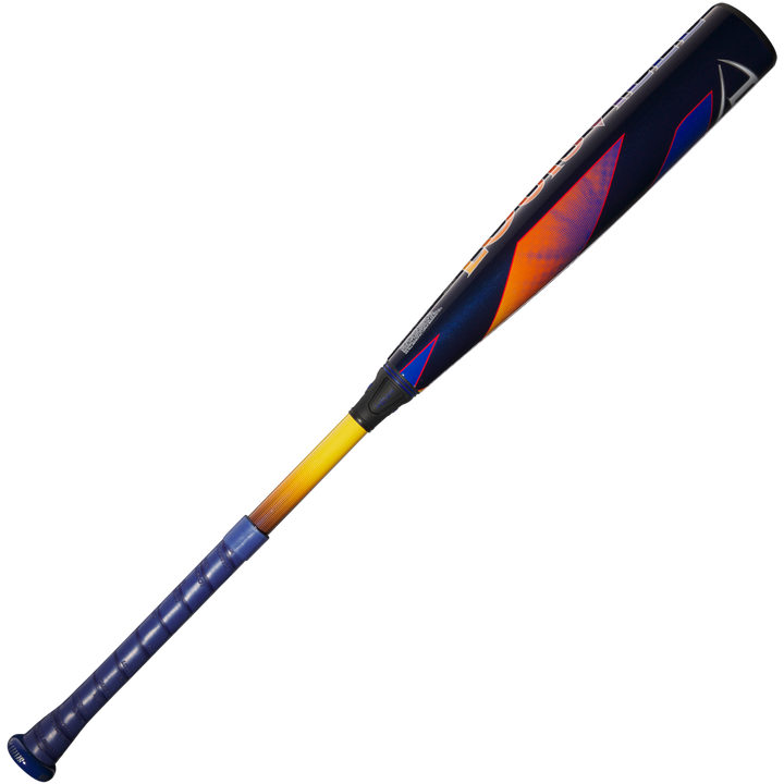 The 2025 Louisville Slugger Select PWR (-5) USA Baseball Bat (WBL4010010) features a blue grip, yellow handle, and navy blue barrel with orange and purple graphics on a white background.