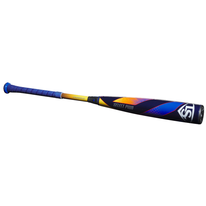 The 2025 Louisville Slugger Select PWR (-5) USA Baseball Bat (WBL4010010) features a blue grip, yellow handle, black barrel with colorful accents, and is ideal for young players.