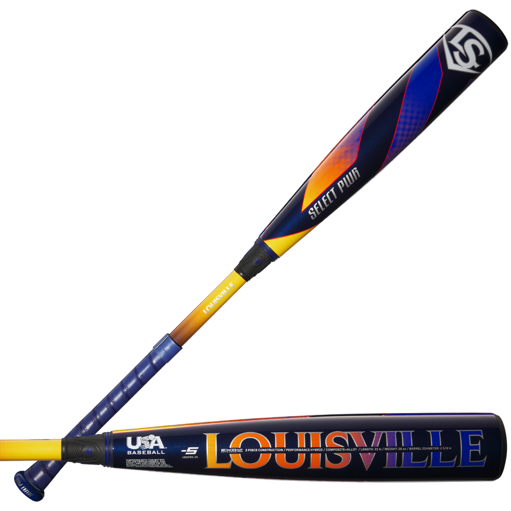 Two 2025 Louisville Slugger Select PWR (-5) 2 5/8" USA Baseball Bats (WBL4010010) are shown, featuring a vibrant design and SELECT PWR plus LOUISVILLE branding.