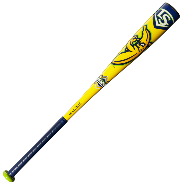 The 2025 Louisville Slugger Savannah Bananas (-10) 2 5/8" USA Baseball Bat (WBL4090) features a yellow and blue design with a green end cap and handle, a banana graphic, and the Savannah Bananas team logo.