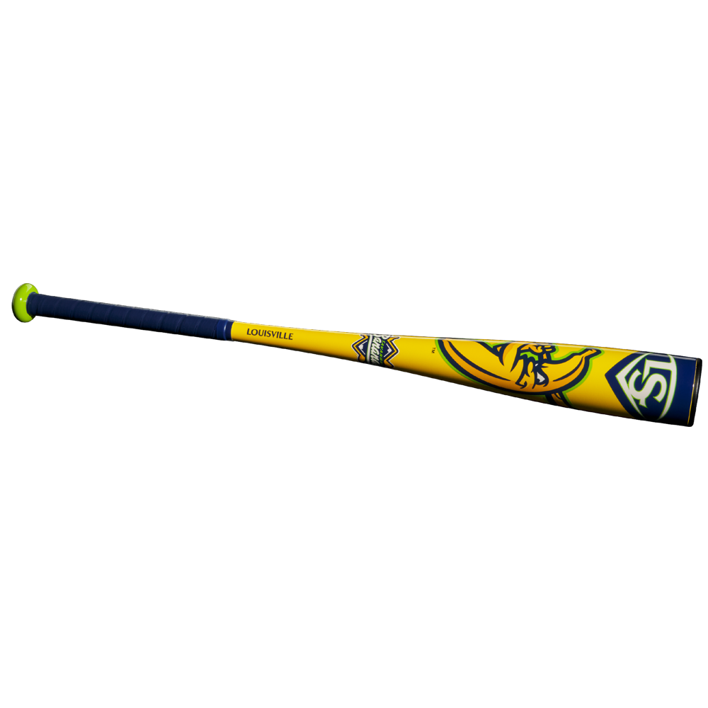 The 2025 Louisville Slugger Savannah Bananas (-10) USA Baseball Bat (WBL4090) features a yellow and blue barrel with a green end cap, dark handle grip, and vibrant graphics near the barrel.