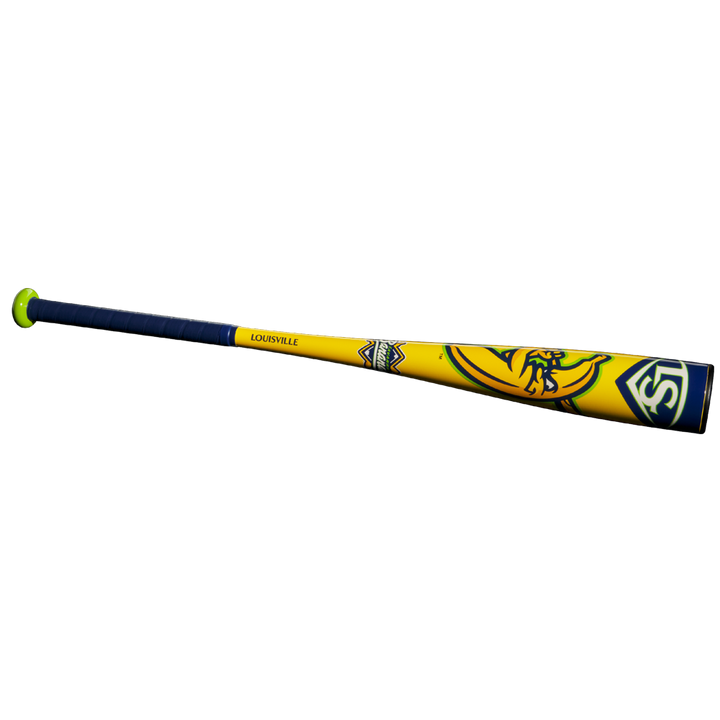 The 2025 Louisville Slugger Savannah Bananas (-10) USA Baseball Bat (WBL4090) features a yellow and blue barrel with a green end cap, dark handle grip, and vibrant graphics near the barrel.