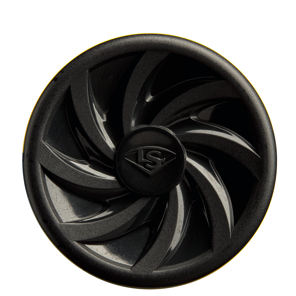 A black circular object on a white background, echoing the sleek style of the 2025 Louisville Slugger Savannah Bananas (-10) 2 5/8" USA Baseball Bat: WBL4090 by Louisville Slugger.