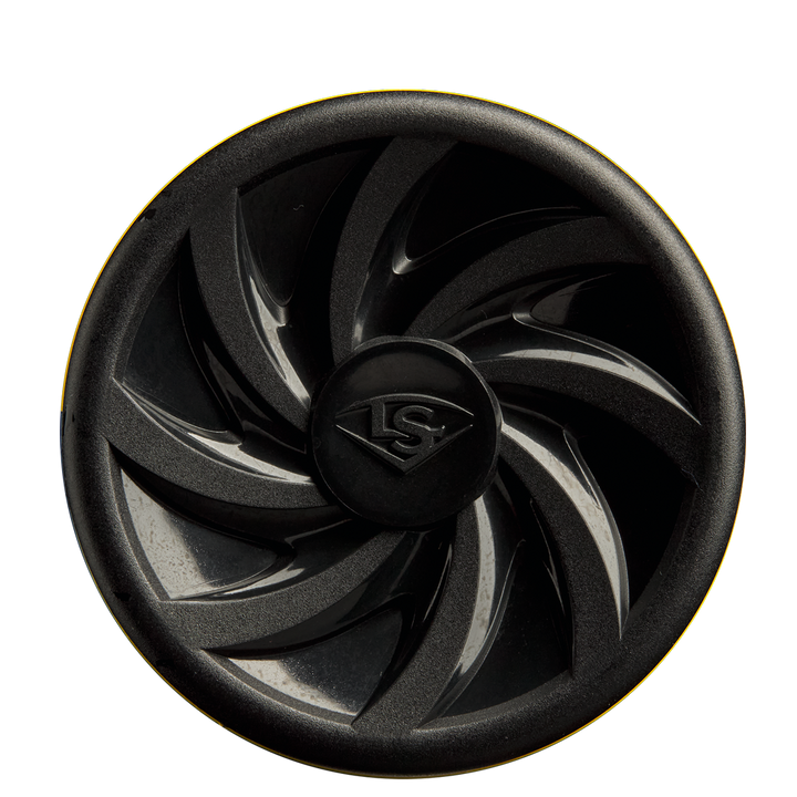 A black circular object on a white background, echoing the sleek style of the 2025 Louisville Slugger Savannah Bananas (-10) 2 5/8" USA Baseball Bat: WBL4090 by Louisville Slugger.