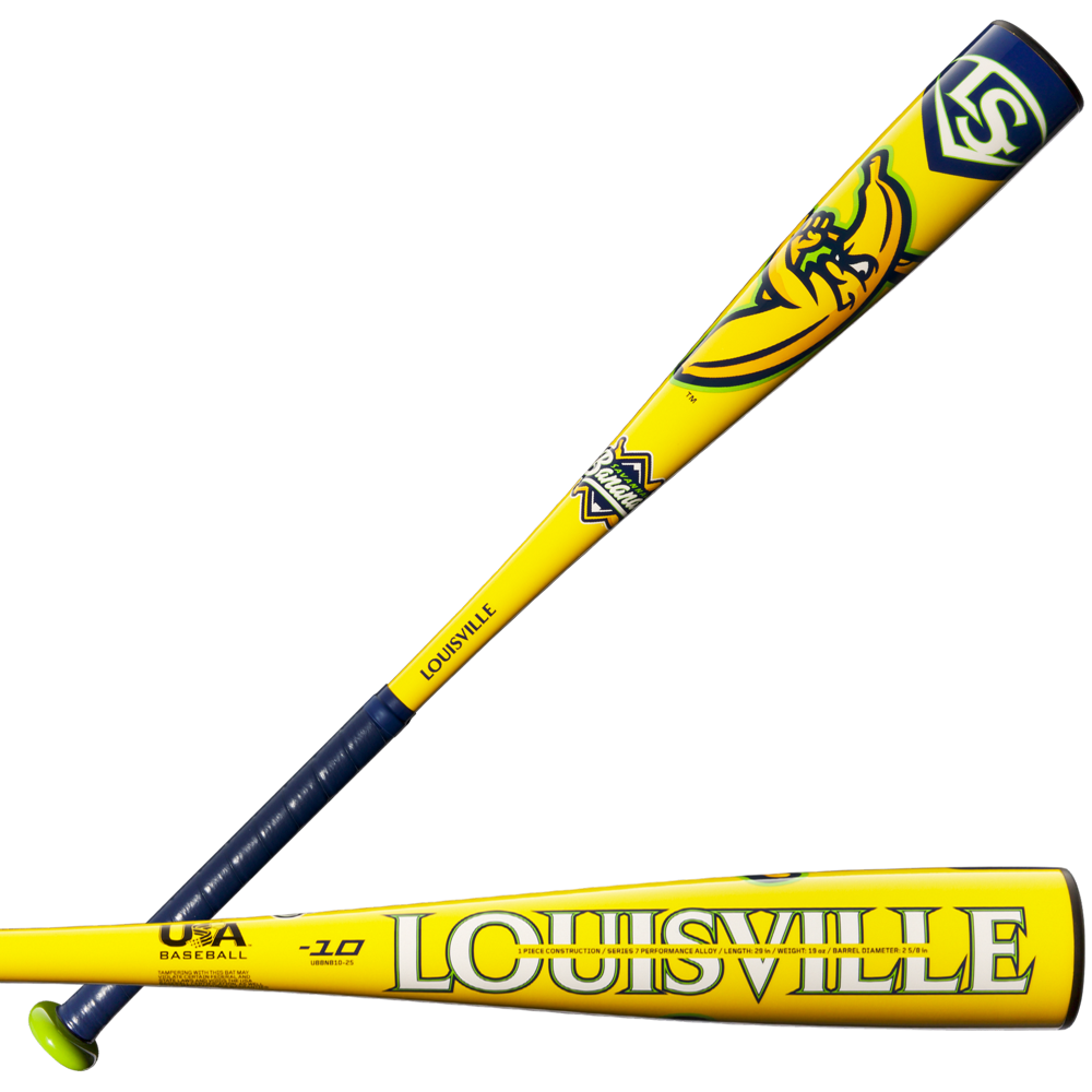 Two youth baseball bats, including the 2025 Louisville Slugger Savannah Bananas (-10) USA Baseball Bat, feature bold Louisville branding, a cartoon bird graphic, dark handles, and vibrant yellow and blue barrel designs.