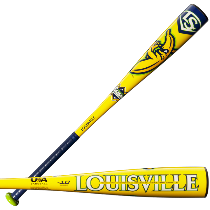 Two youth baseball bats, including the 2025 Louisville Slugger Savannah Bananas (-10) USA Baseball Bat, feature bold Louisville branding, a cartoon bird graphic, dark handles, and vibrant yellow and blue barrel designs.