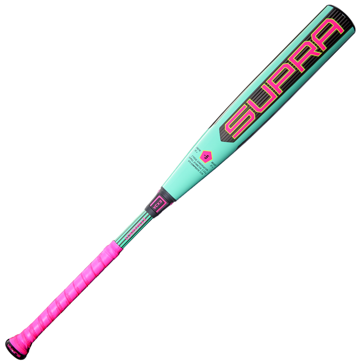 The 2026 Louisville Slugger Supra (-5) USSSA Baseball Bat (WBL4120010) features a turquoise and pink composite barrel, black accents, and bright pink grip—perfect for travel ball players. Brand: Louisville Slugger.