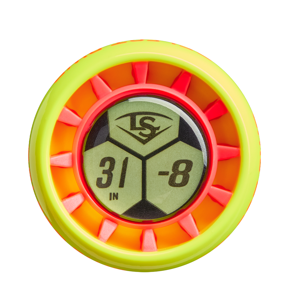 A close-up of a neon yellow and orange knob sticker featuring the Louisville Slugger Select PWR (-8) 2 5/8" USA Baseball Bat logo, numbers 31 and -8, and "IN." on a hexagonal patterned background.