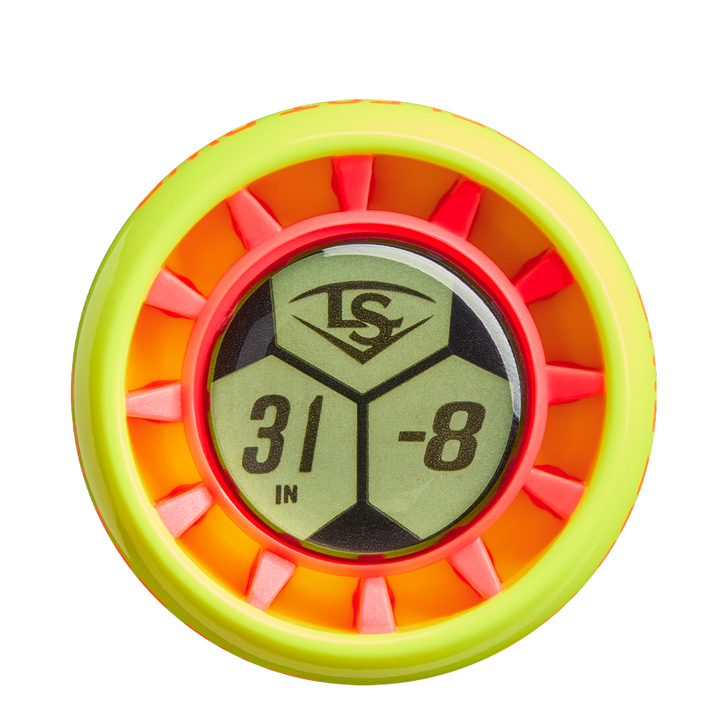 A close-up of a neon yellow and orange knob sticker featuring the Louisville Slugger Select PWR (-8) 2 5/8" USA Baseball Bat logo, numbers 31 and -8, and "IN." on a hexagonal patterned background.