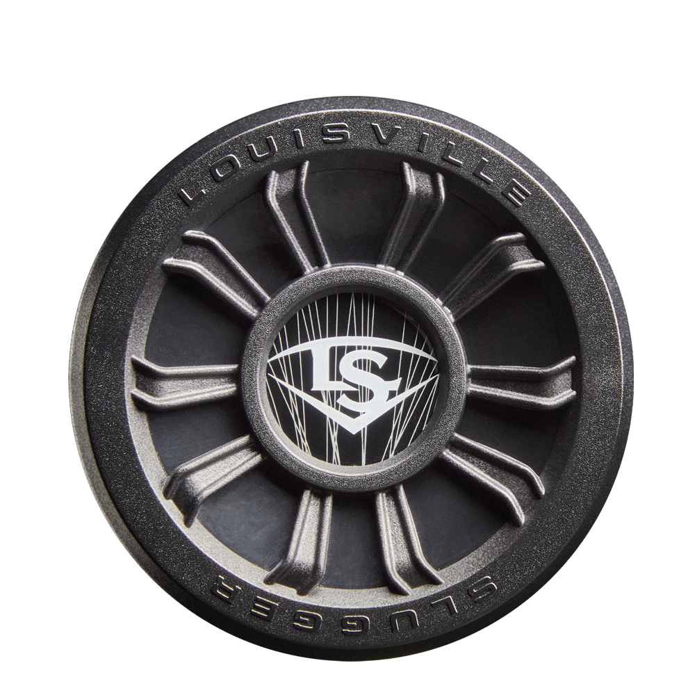 A close-up of the 2026 Louisville Slugger Select PWR (-5) USA Baseball Bat end cap shows a black and silver spoke-like design with LOUISVILLE SLUGGER and the LS logo in the center.