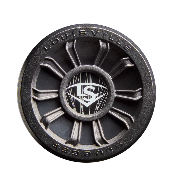 A close-up of the 2026 Louisville Slugger Select PWR (-5) USA Baseball Bat end cap shows a black and silver spoke-like design with LOUISVILLE SLUGGER and the LS logo in the center.