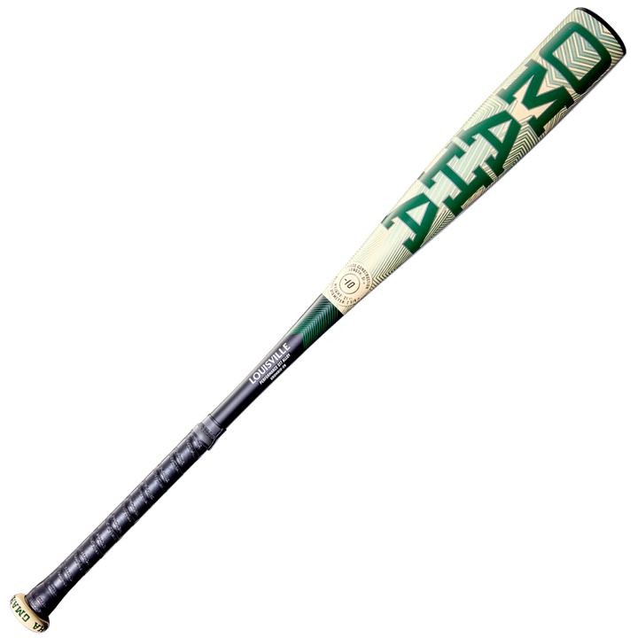 A green, black, and gold 2026 Louisville Slugger Omaha (-10) 2 5/8" USA Baseball Bat (WBL4130010) with a textured grip on the handle.