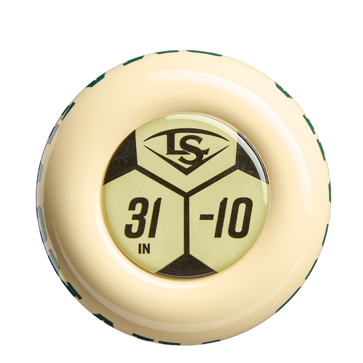 A close-up of the beige knob on the 2026 Louisville Slugger Omaha (-10) USA Baseball Bat displays a gold circular label with the LS logo, 31 IN, and -10, emphasizing its durable ST7 Alloy construction.