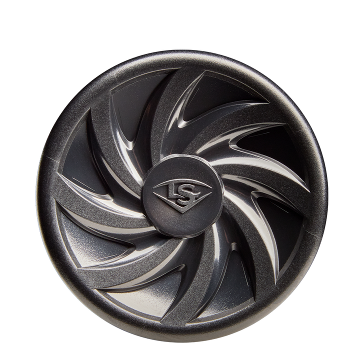 A circular metallic car wheel center cap with a swirling turbine design and raised S logo in the center, inspired by the dynamic energy of the 2026 Louisville Slugger Omaha (-10) USA Baseball Bat; background is plain white.