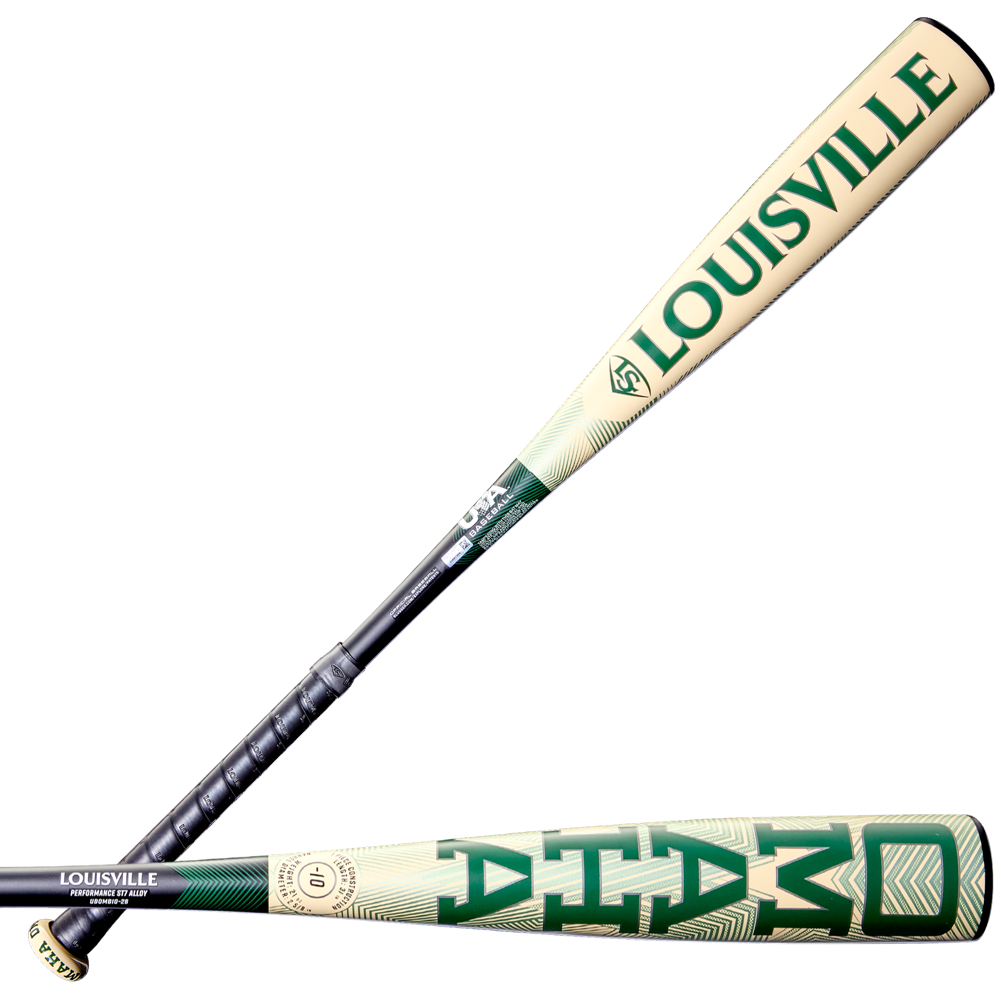 The 2026 Louisville Slugger Omaha (-10) 2 5/8" USA Baseball Bat (WBL4130010) features a beige and green design with bold LOUISVILLE lettering, a sturdy ST7 Alloy barrel, black patterned grip, and is perfect for youth players.
