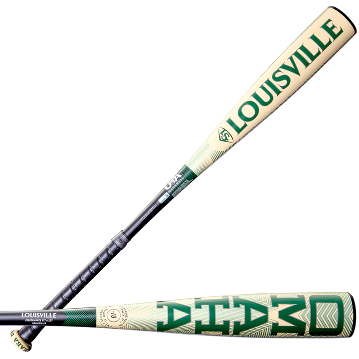 The 2026 Louisville Slugger Omaha (-10) 2 5/8" USA Baseball Bat (WBL4130010) features a beige and green design with bold LOUISVILLE lettering, a sturdy ST7 Alloy barrel, black patterned grip, and is perfect for youth players.