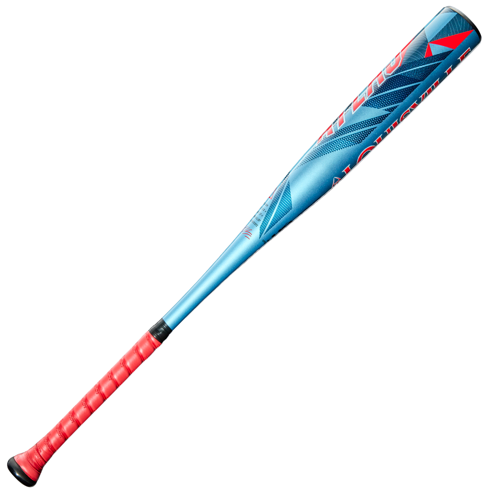 The 2026 Louisville Slugger Atlas (-5) USA Baseball Bat (WBL4166010) features a blue barrel with red and silver graphics, a textured red grip handle, and is made from durable SL Hyper Alloy, shown on a light background.