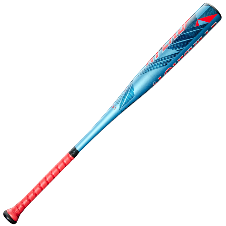 The 2026 Louisville Slugger Atlas (-5) USA Baseball Bat (WBL4166010) features a blue barrel with red and silver graphics, a textured red grip handle, and is made from durable SL Hyper Alloy, shown on a light background.