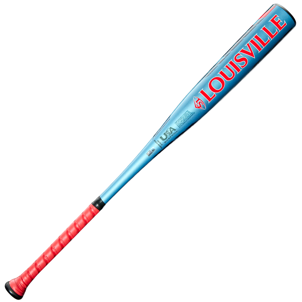 The 2026 Louisville Slugger Atlas (-5) USA Baseball Bat (WBL4166010) has a blue barrel with bold red "LOUISVILLE" letters, a red handle grip, and features durable SL Hyper Alloy construction, shown against a white background.