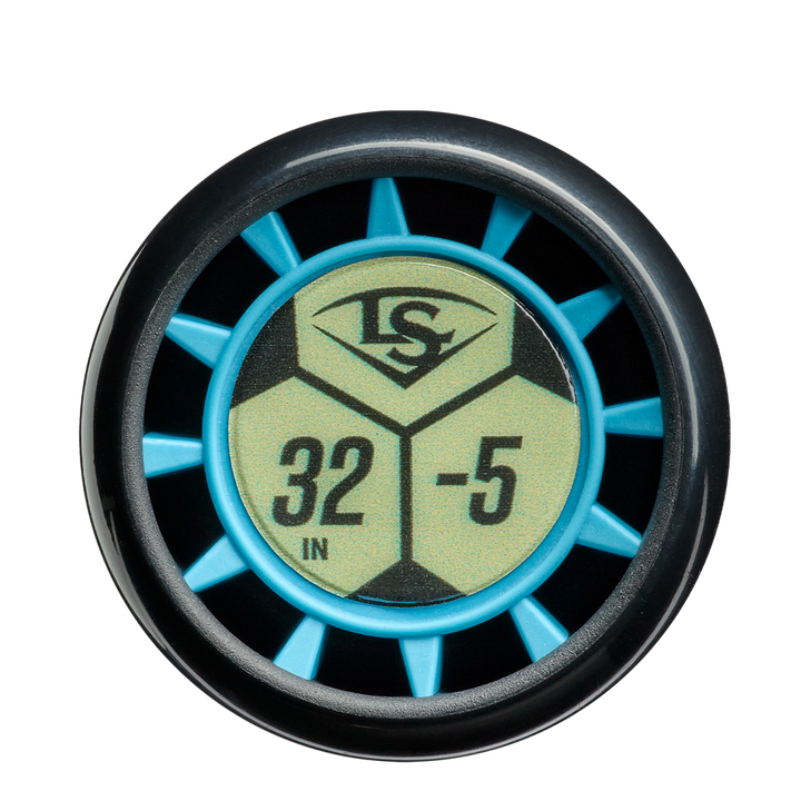 A close-up of the Louisville Slugger Atlas (-5) 2 5/8" USA Baseball Bat knob shows a circular yellow design with blue accents and black "LS," "32 IN," and "-5" labels—ideal for youth bat collections.