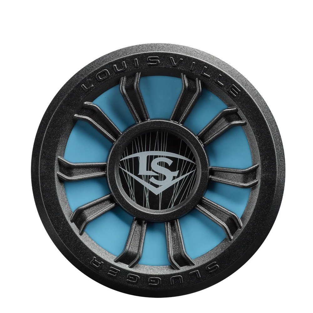 A circular black and teal object with a wheel-like design, Louisville Slugger text, and LS logo, inspired by the SL Hyper Alloy in the 2026 Louisville Slugger Atlas (-5) USA Baseball Bat (WBL4166010), on a white background.