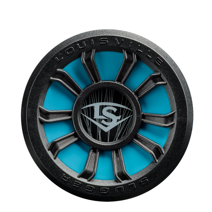 A circular black and teal object with a wheel-like design, Louisville Slugger text, and LS logo, inspired by the SL Hyper Alloy in the 2026 Louisville Slugger Atlas (-5) USA Baseball Bat (WBL4166010), on a white background.