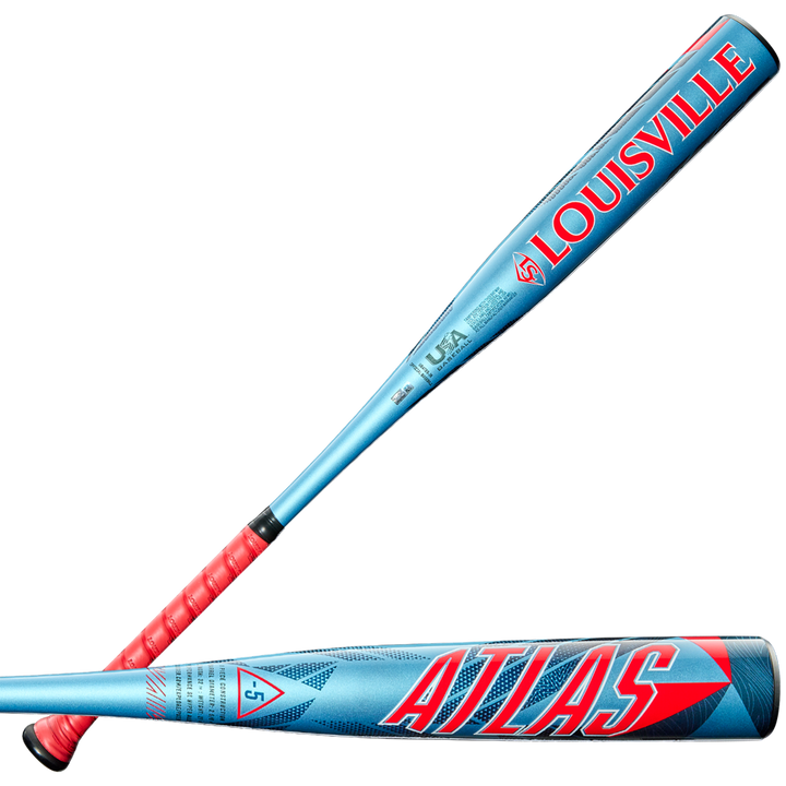 Two metallic blue youth bats, each with black and red grips, feature bold “LOUISVILLE” and “ATLAS” logos—highlighting the 2026 Louisville Slugger Atlas (-5) USA Baseball Bat with SL Hyper Alloy geometric designs.