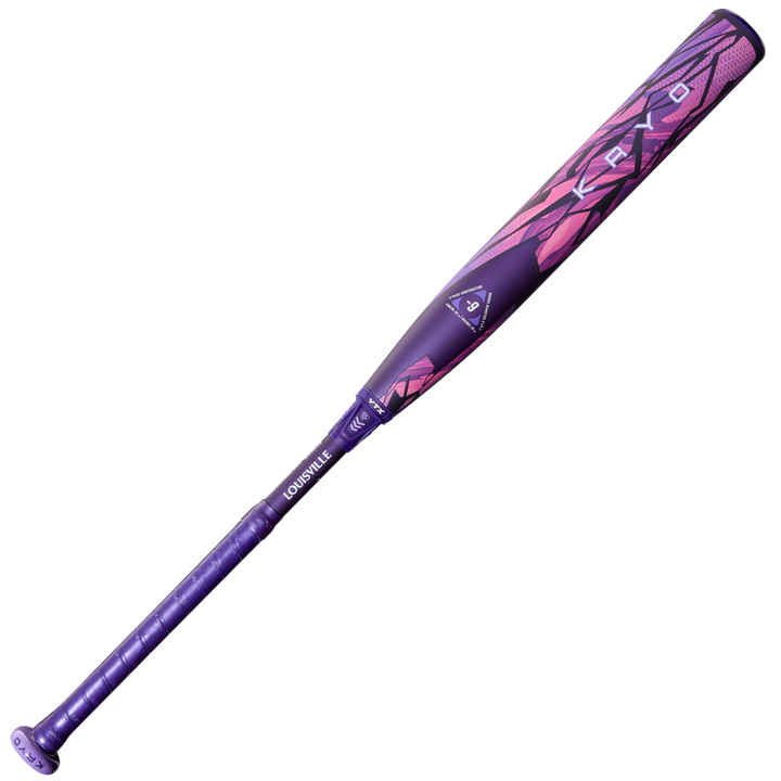 The 2026 Louisville Slugger Kryo Thundernight (-9) Fastpitch Softball Bat (WBL4169010) features a purple grip, pink and purple geometric design, metallic finish, and GO-EX1 Barrel System for enhanced performance. Brand: Louisville Slugger.