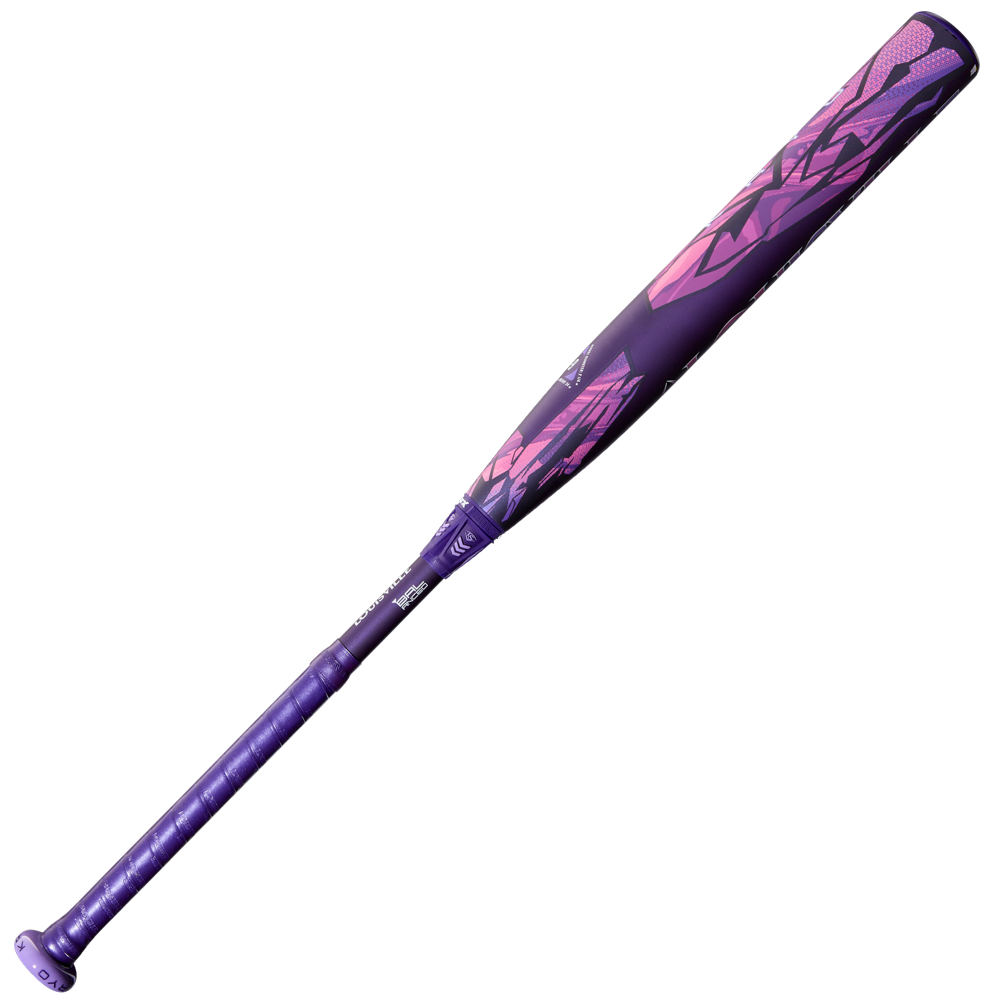 The 2026 Louisville Slugger Kryo Thundernight (-9) Fastpitch Softball Bat (WBL4169010) showcases a purple and pink abstract geometric design on the GO-EX1 Barrel System, with a textured grip and glossy finish, set against a white background.