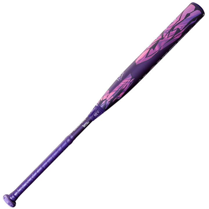 The 2026 Louisville Slugger Kryo Thundernight (-9) Fastpitch Softball Bat (WBL4169010) showcases a purple and pink abstract geometric design on the GO-EX1 Barrel System, with a textured grip and glossy finish, set against a white background.