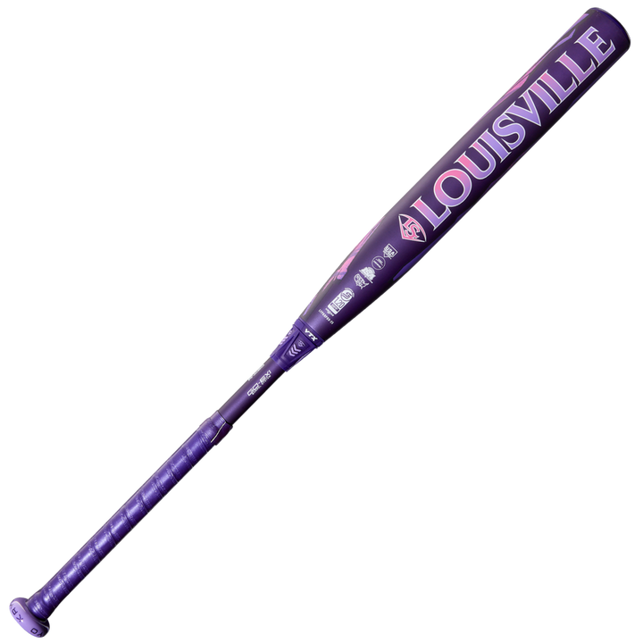 A purple and pink 2026 Louisville Slugger Kryo Thundernight (-9) Fastpitch Softball Bat (WBL4169010) with visible branding and GO-EX1 Barrel System logos is shown on a white background.
