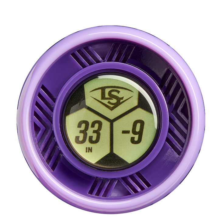 A close-up of a circular, purple metallic knob with a digital display reading 33 IN -9 and an LS hexagon logo highlights the 2026 Louisville Slugger Kryo Thundernight (-9) Fastpitch Softball Bat (WBL4169010).