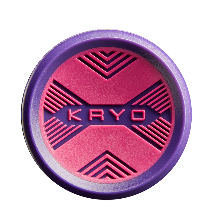 A round item with a purple rim and pink center, showcasing geometric patterns and "KRYO" embossed, inspired by the Louisville Slugger Kryo Thundernight (-9) Fastpitch Softball Bat's innovative GO-EX1 Barrel System.