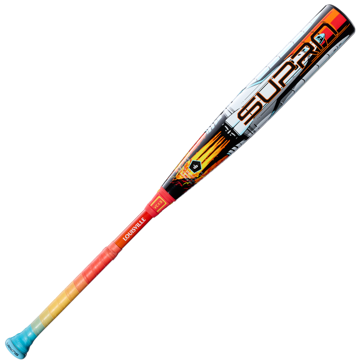 The 2026 Louisville Slugger Supra Starship (-8) USSSA Baseball Bat features a red, orange, and yellow handle, blue end cap, bold SLUGGER graphics, and a composite barrel—perfect for travel ball players wanting standout style and performance.