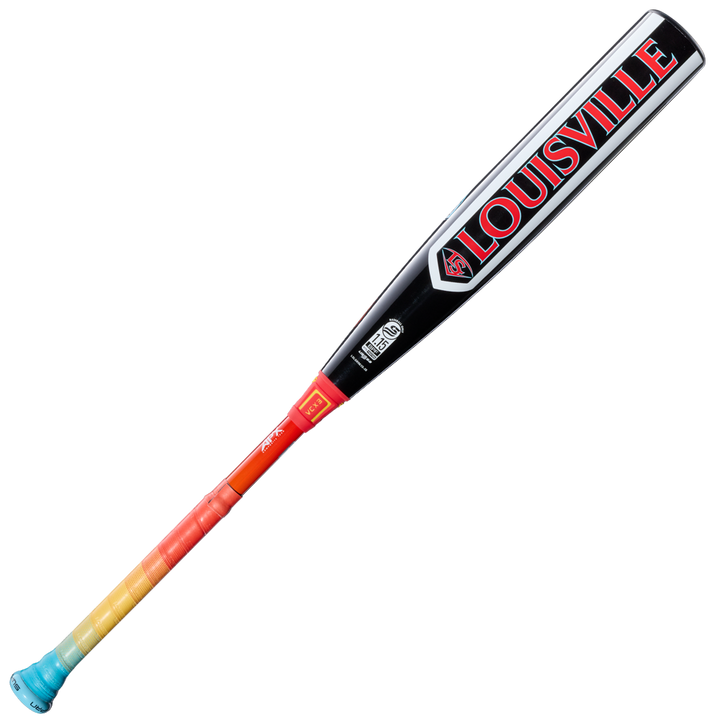 The 2026 Louisville Slugger Supra Starship (-5) USSSA bat (WBL4185010) features a black composite barrel with bold red LOUISVILLE text and a grip that fades from light blue to yellow to orange.