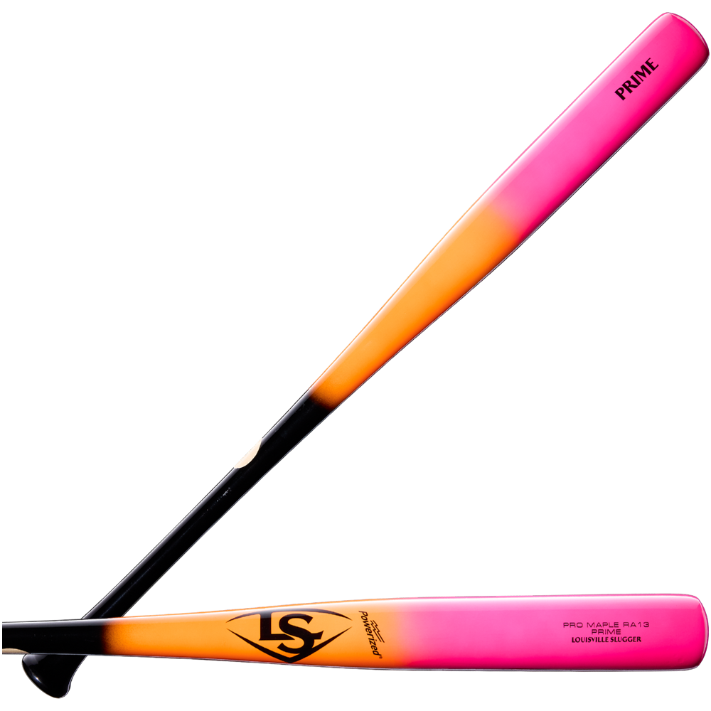 Two Louisville Slugger Pro Prime RA13 Sunset Maple Wood Baseball Bats (model WBL4297010), crafted from premium maple and part of the Professional Series Finish, are displayed against a plain white background. These bats feature a gradient color design that transitions from black at the handle to orange and pink toward the barrel.