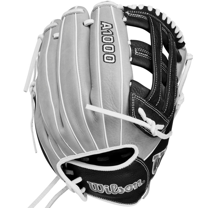 The Wilson A1000 IF12 12" Fastpitch Glove (WBW10145612) by Wilson features a black and tan color scheme, white laces, visible stitching, and is shown from the back side.