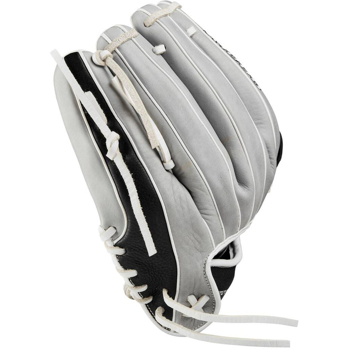 The Wilson A1000 IF12 12" Fastpitch Glove (WBW10145612) by Wilson is a gray and black youth glove with white laces, shown from the back with the fingers closed.
