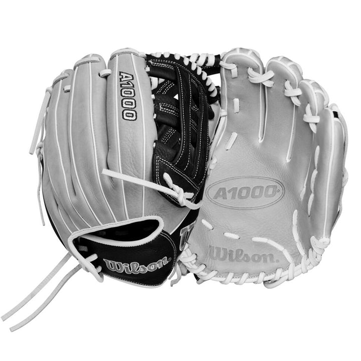 The Wilson A1000 IF12 12" Fastpitch Glove (WBW10145612) by Wilson is shown in black and gray from two angles, highlighting its basket web, white laces, and the brand name and model on the back.